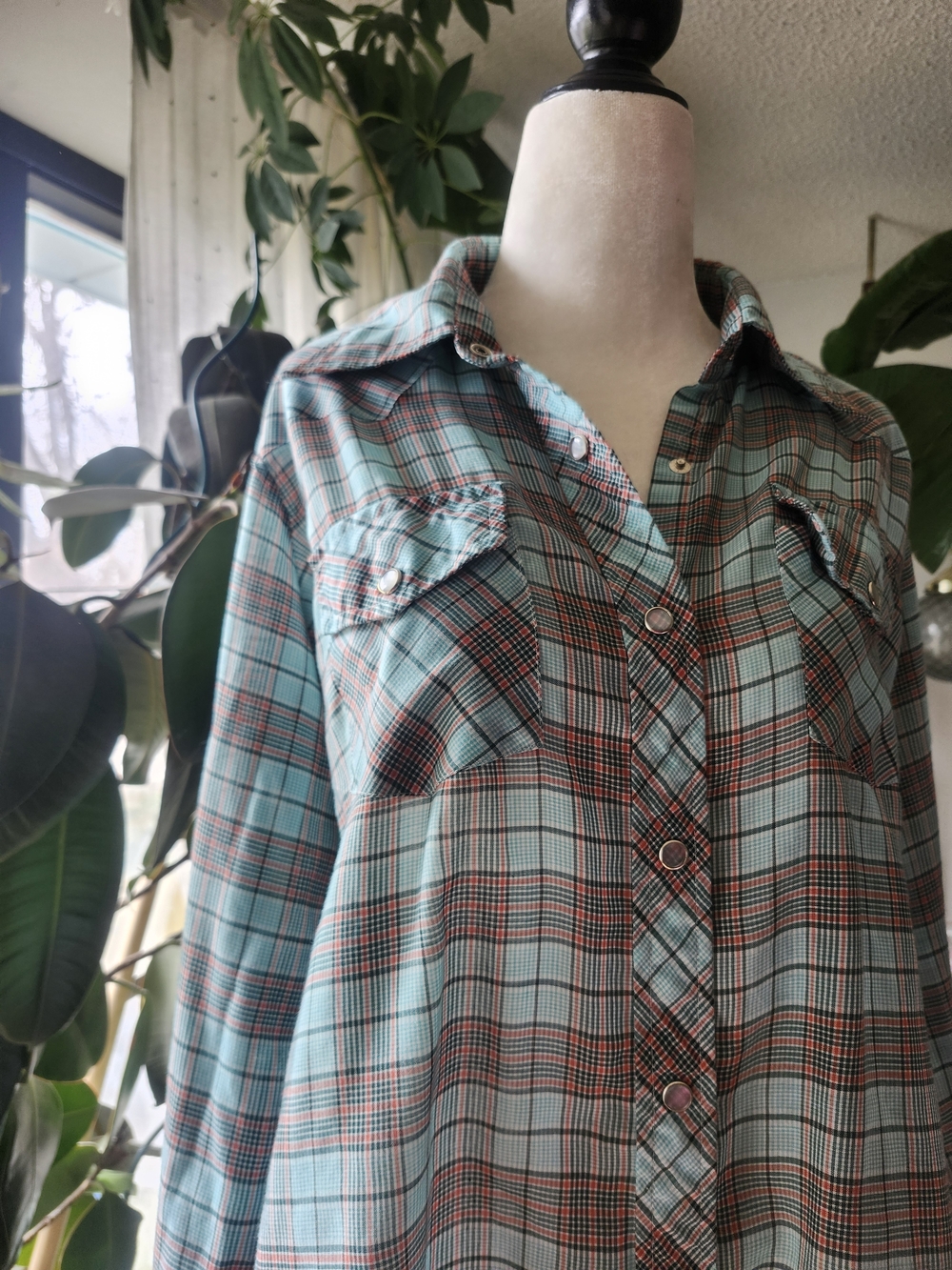 Vintage 70s Teal Plaid Snap-Front Shirt Western Soft Flowy XL - Picture 3 of 5